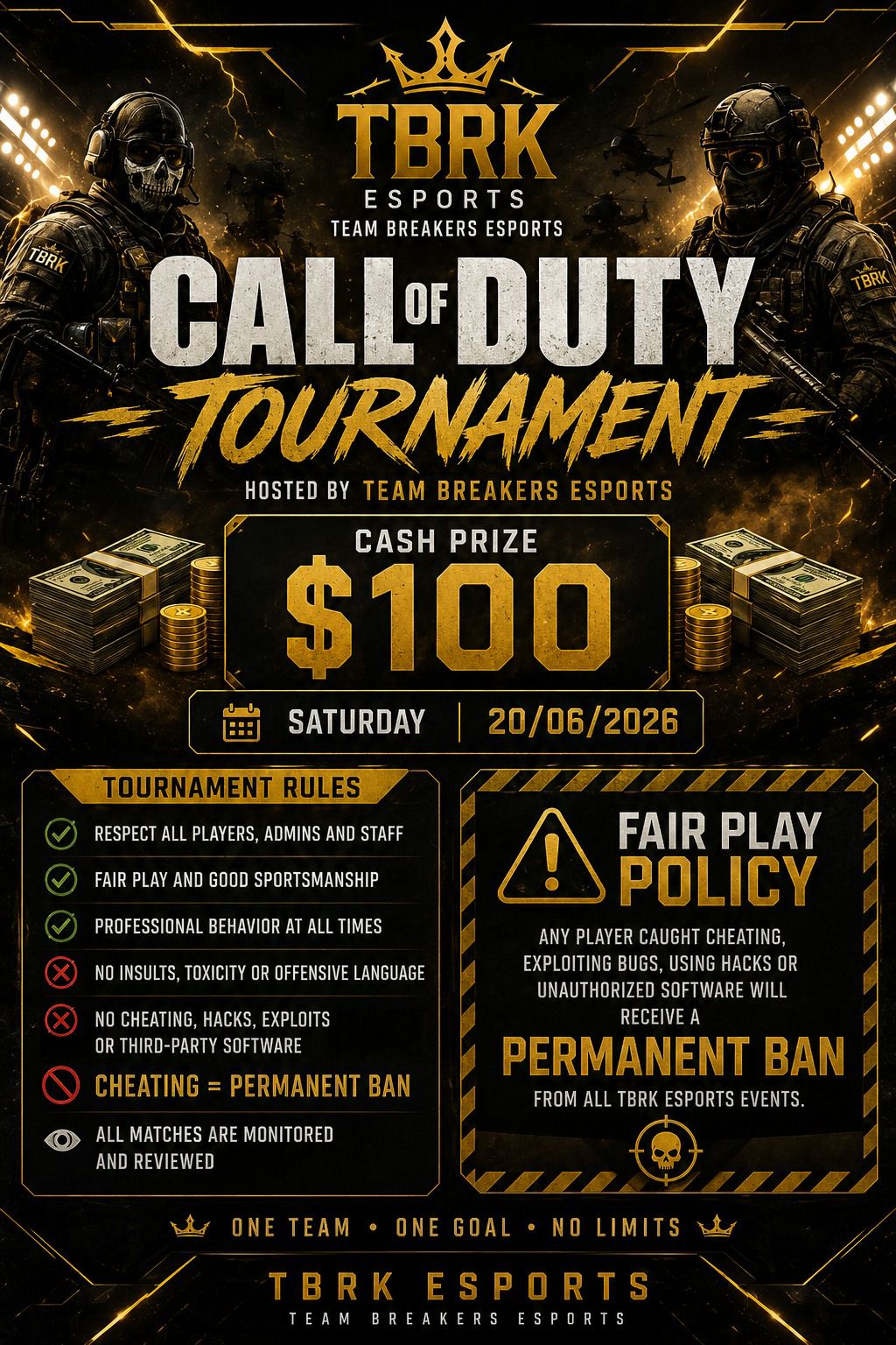 Affiche TBRK Esports pour un tournoi Call of Duty avec règles fair play